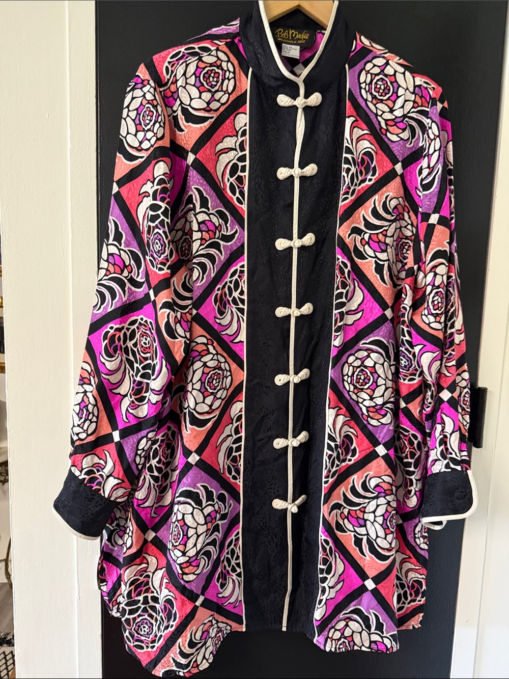 Bob Mackie Wearable Art 100% Silk Jacket with pink, purple, and black floral